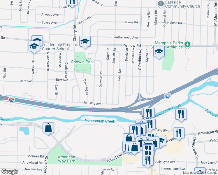 map of restaurants, bars, coffee shops, grocery stores, and more near 1877 Sea Isle Road in Memphis