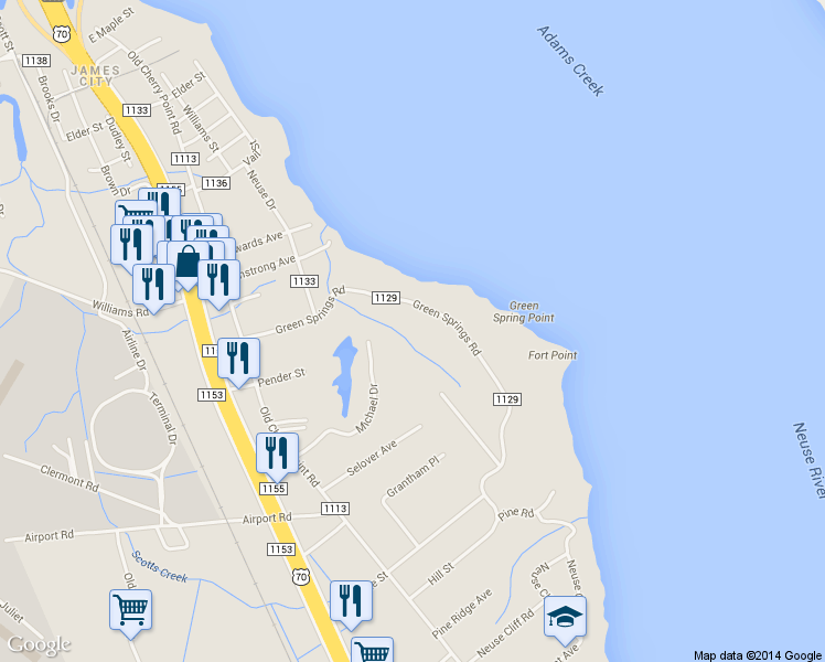 map of restaurants, bars, coffee shops, grocery stores, and more near 1203 Green Springs Road in New Bern