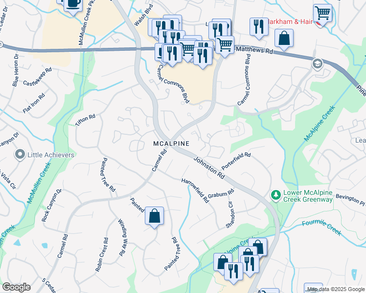 map of restaurants, bars, coffee shops, grocery stores, and more near 11219 Johnston Road in Charlotte