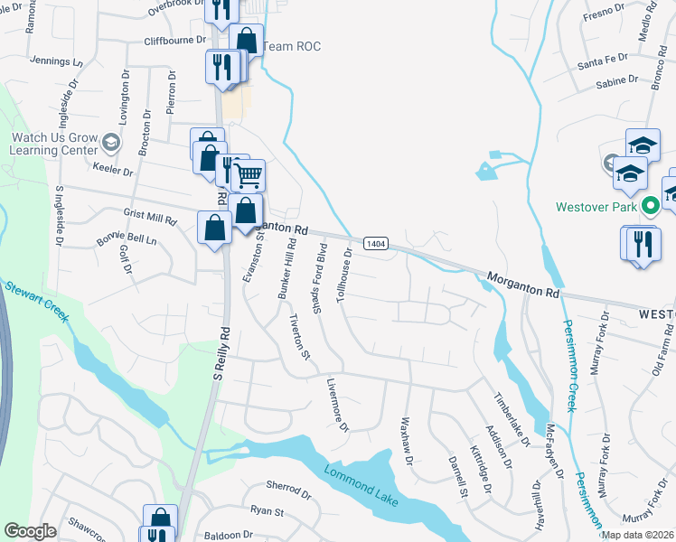 map of restaurants, bars, coffee shops, grocery stores, and more near 7241 Tollhouse Drive in Fayetteville