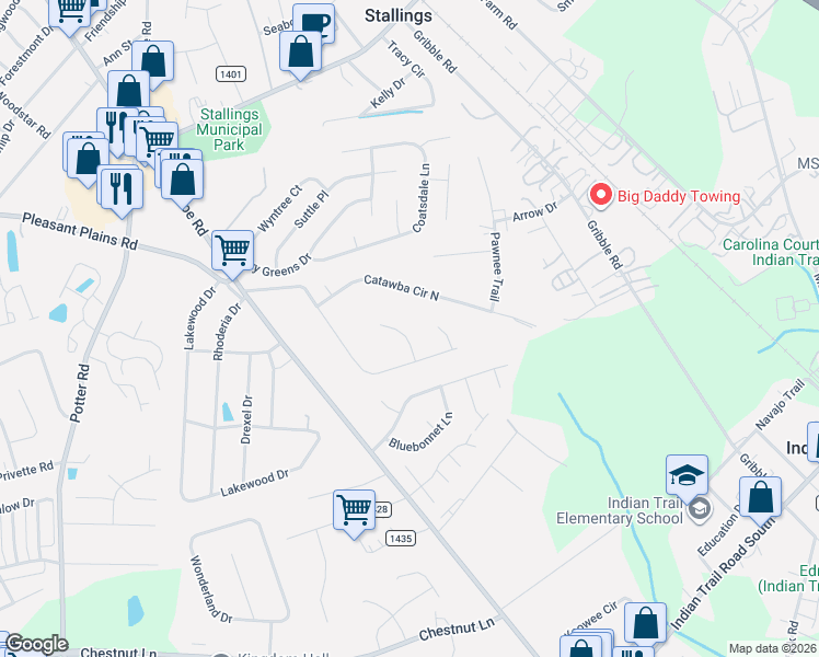 map of restaurants, bars, coffee shops, grocery stores, and more near 1617 Blackfoot Lane in Matthews