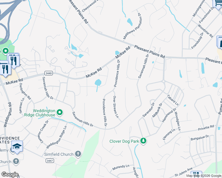 map of restaurants, bars, coffee shops, grocery stores, and more near 3025 Providence Hills Drive in Matthews