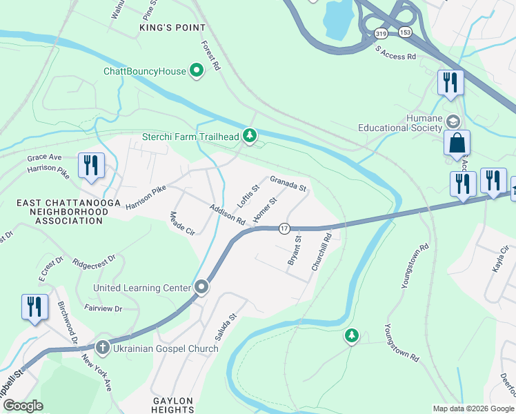 map of restaurants, bars, coffee shops, grocery stores, and more near 4015 Homer Street in Chattanooga