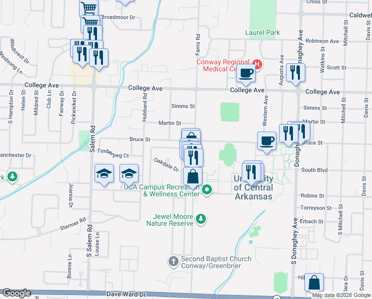 map of restaurants, bars, coffee shops, grocery stores, and more near 255 Farris Road in Conway
