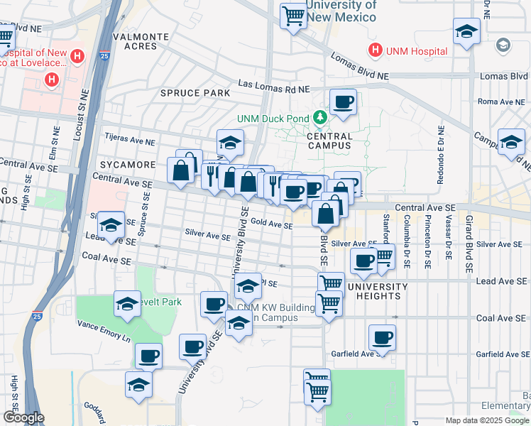 map of restaurants, bars, coffee shops, grocery stores, and more near 106 Mesa Street Southeast in Albuquerque