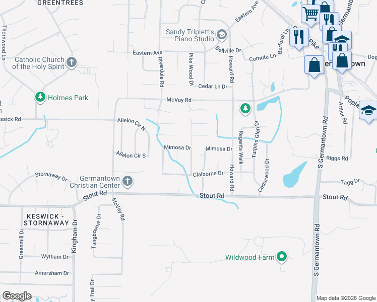 map of restaurants, bars, coffee shops, grocery stores, and more near 2499 Birchtree Drive in Germantown