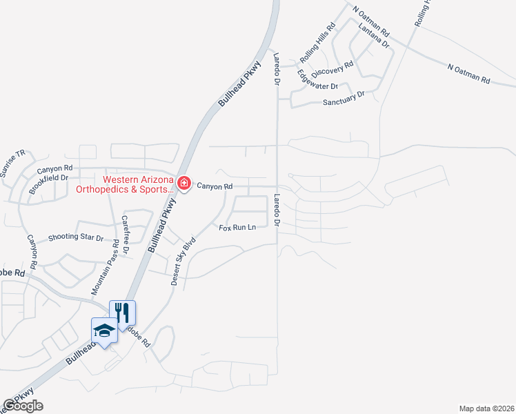 map of restaurants, bars, coffee shops, grocery stores, and more near 2565 Bridlewise Lane in Bullhead City