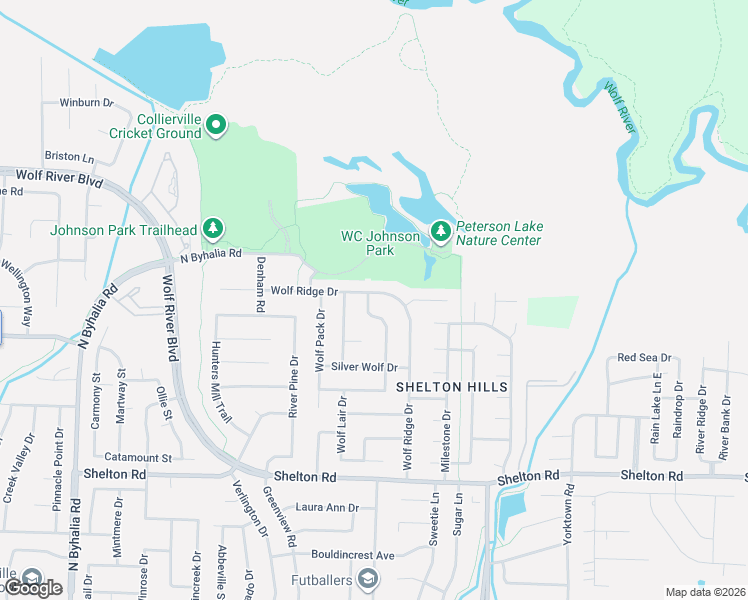 map of restaurants, bars, coffee shops, grocery stores, and more near 1525 Wolf Ridge Drive in Collierville