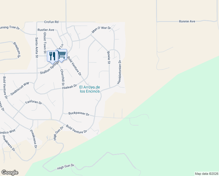 map of restaurants, bars, coffee shops, grocery stores, and more near 17840 Hambletonian Drive in Tehachapi