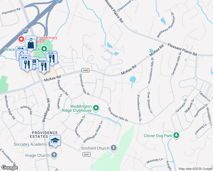 map of restaurants, bars, coffee shops, grocery stores, and more near 7606 Carrington Forest Lane in Matthews