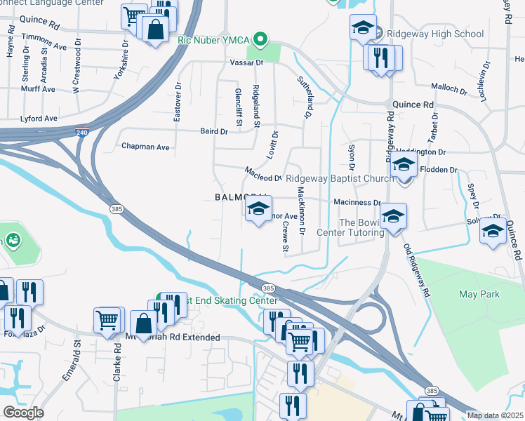 map of restaurants, bars, coffee shops, grocery stores, and more near 5910 Grosvenor Avenue in Memphis