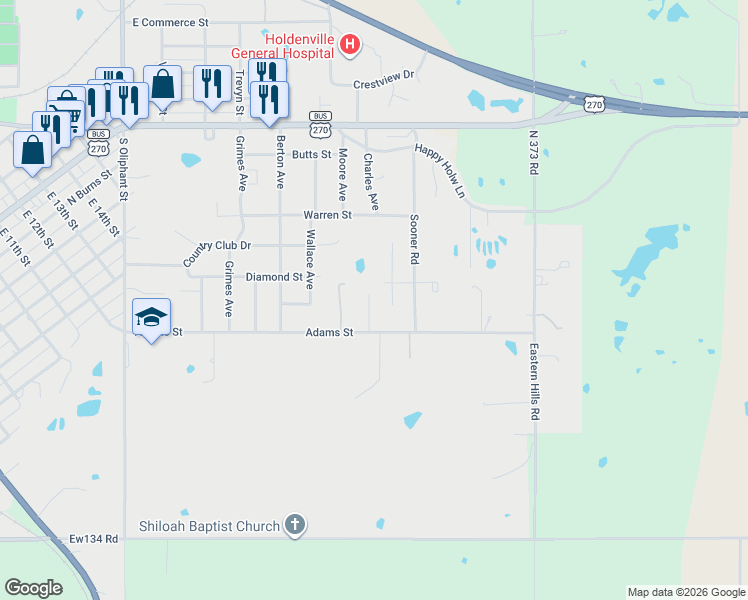 map of restaurants, bars, coffee shops, grocery stores, and more near 614 Ramsey Drive in Holdenville