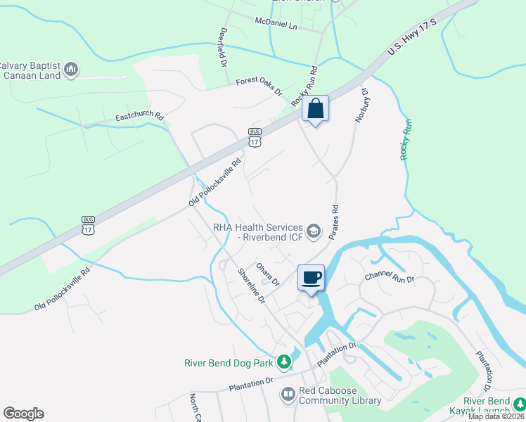 map of restaurants, bars, coffee shops, grocery stores, and more near 38A Mulberry Lane in New Bern