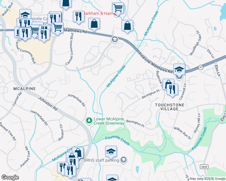 map of restaurants, bars, coffee shops, grocery stores, and more near 6820 Bevington Brook Lane in Charlotte