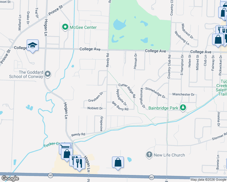 map of restaurants, bars, coffee shops, grocery stores, and more near 170 Peach Street in Conway