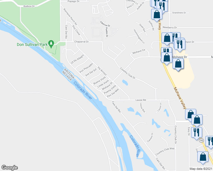 map of restaurants, bars, coffee shops, grocery stores, and more near 1207 Mohave Drive in Bullhead City