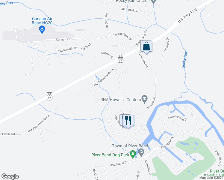 map of restaurants, bars, coffee shops, grocery stores, and more near 21 Masters Ct Dr in New Bern