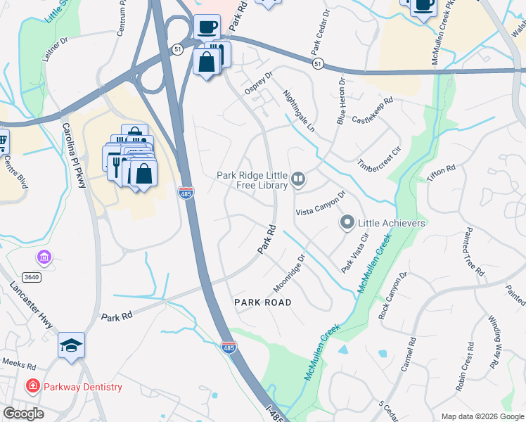 map of restaurants, bars, coffee shops, grocery stores, and more near 11516 Park Road in Charlotte