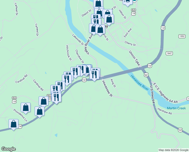 map of restaurants, bars, coffee shops, grocery stores, and more near 480 U.S. 64 in Murphy