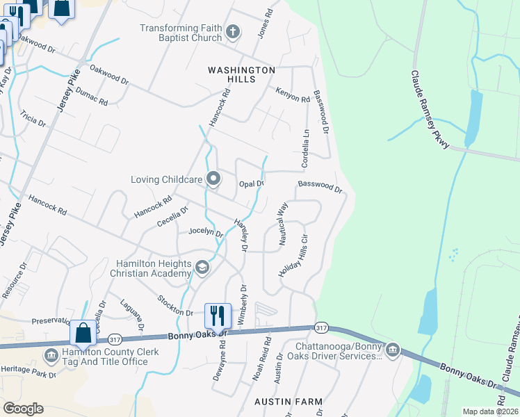 map of restaurants, bars, coffee shops, grocery stores, and more near 6421 Rosemary Drive in Chattanooga