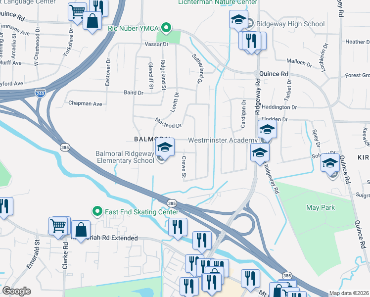 map of restaurants, bars, coffee shops, grocery stores, and more near 5954 Grosvenor Avenue in Memphis