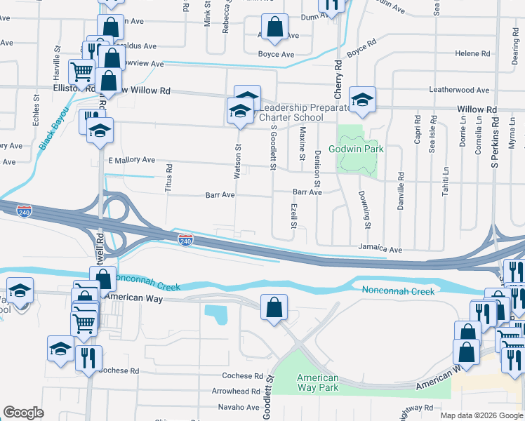 map of restaurants, bars, coffee shops, grocery stores, and more near 1868 Watson Street in Memphis