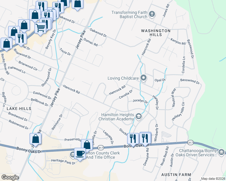 map of restaurants, bars, coffee shops, grocery stores, and more near 7725 Hancock Road in Chattanooga