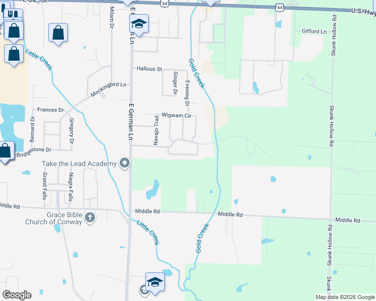 map of restaurants, bars, coffee shops, grocery stores, and more near 2190 Apache Trail in Conway