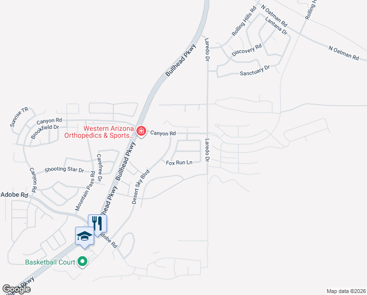 map of restaurants, bars, coffee shops, grocery stores, and more near 2533 Bridlewise Lane in Bullhead City