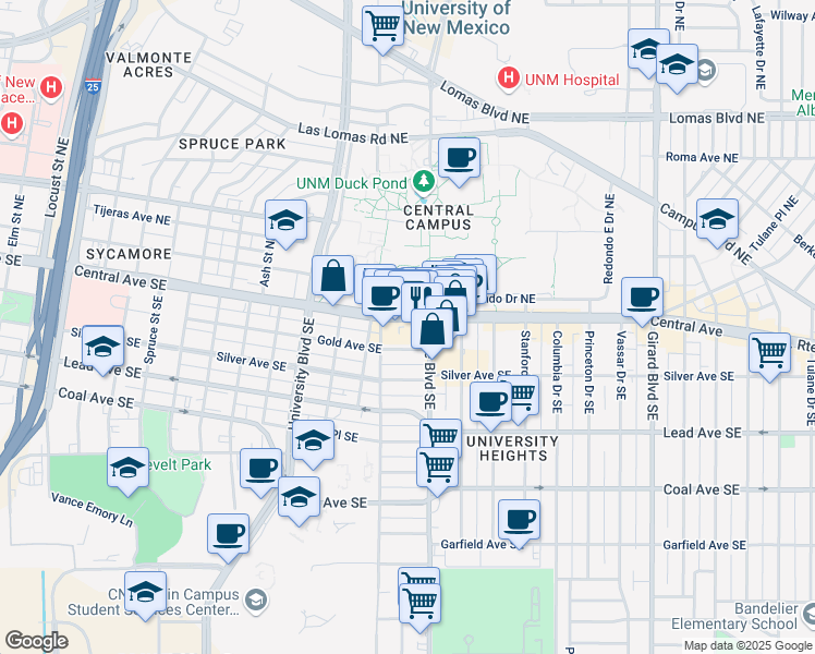 map of restaurants, bars, coffee shops, grocery stores, and more near 2120 Central Avenue Northeast in Albuquerque