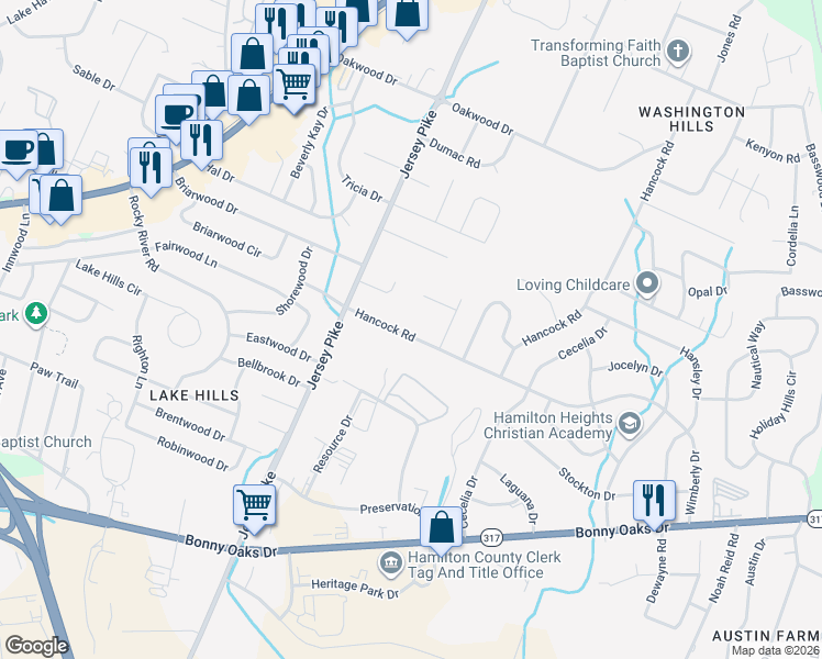map of restaurants, bars, coffee shops, grocery stores, and more near 4521 Hancock Road in Chattanooga