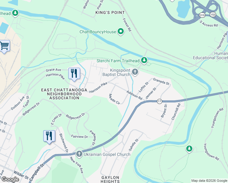 map of restaurants, bars, coffee shops, grocery stores, and more near 2444 Meade Circle in Chattanooga