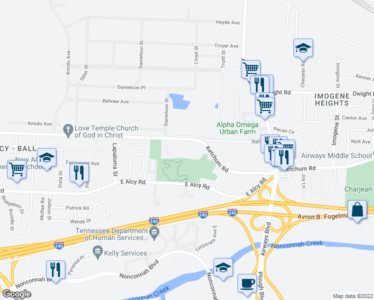 map of restaurants, bars, coffee shops, grocery stores, and more near 2107 Ball Road in Memphis