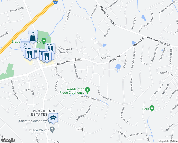 map of restaurants, bars, coffee shops, grocery stores, and more near 7412 Lamplighter Close Drive in Matthews