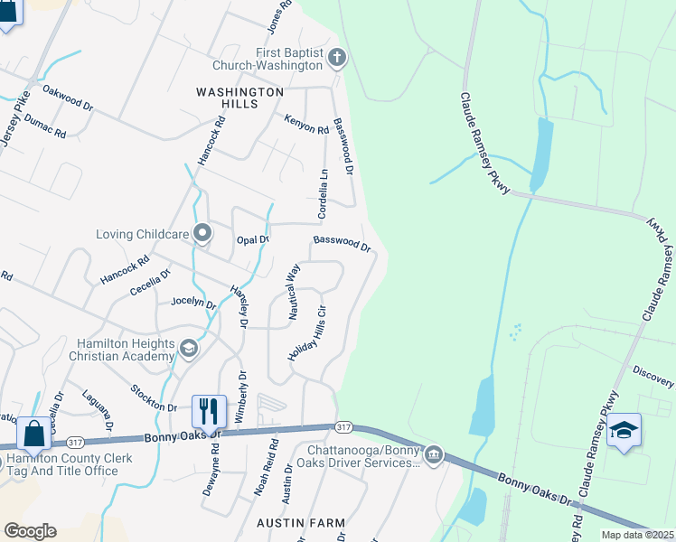 map of restaurants, bars, coffee shops, grocery stores, and more near 7740 Nautical Way in Chattanooga