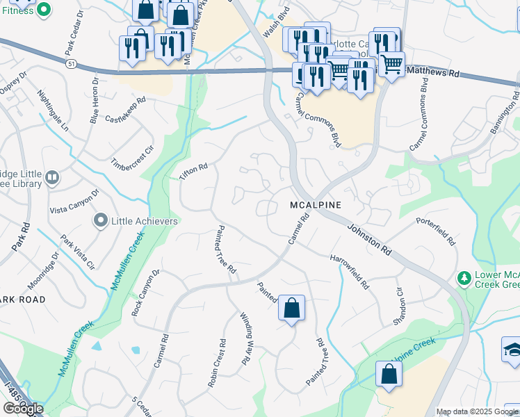 map of restaurants, bars, coffee shops, grocery stores, and more near 11070 Harrowfield Road in Charlotte
