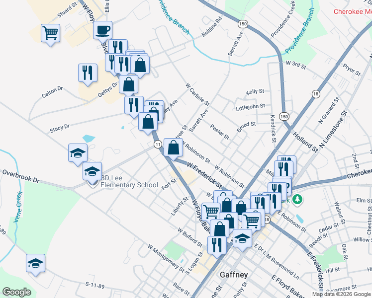 map of restaurants, bars, coffee shops, grocery stores, and more near 525 West Robinson Street in Gaffney