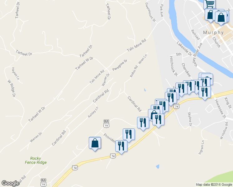 map of restaurants, bars, coffee shops, grocery stores, and more near 422 Cardinal Road in Murphy