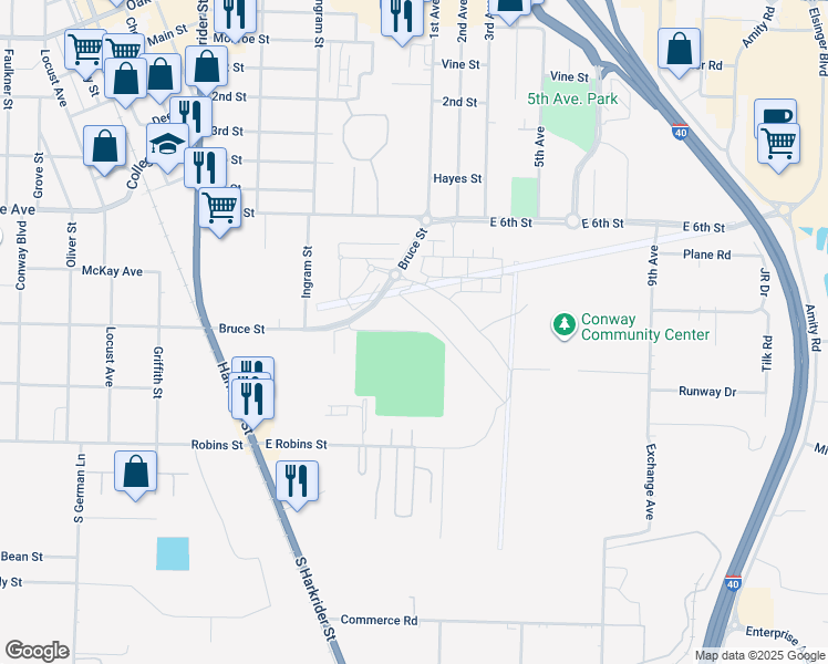 map of restaurants, bars, coffee shops, grocery stores, and more near 316 Bruce Street in Conway
