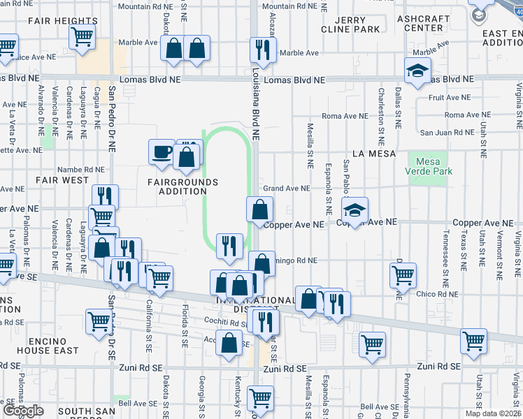 map of restaurants, bars, coffee shops, grocery stores, and more near 308 Louisiana Boulevard Northeast in Albuquerque