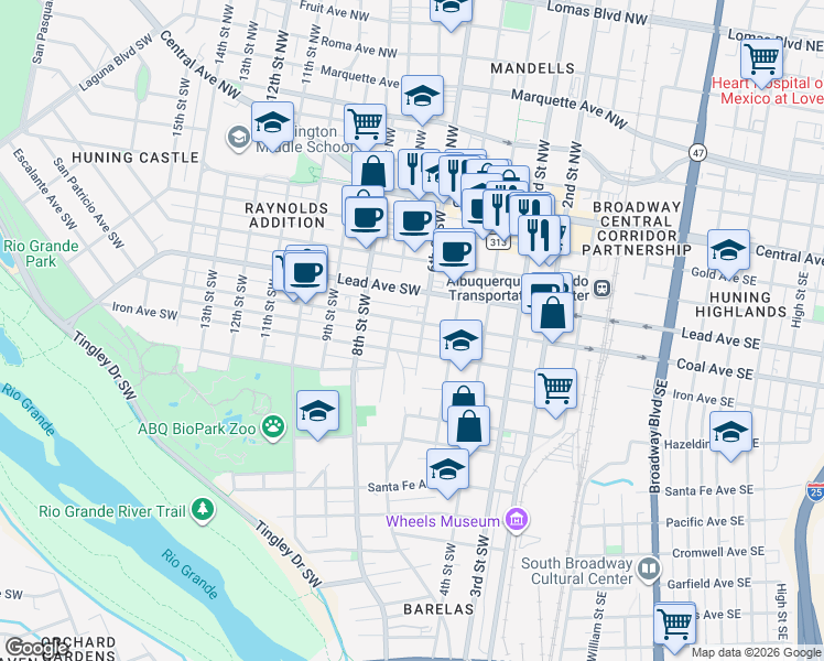 map of restaurants, bars, coffee shops, grocery stores, and more near 520 Coal Avenue Southwest in Albuquerque