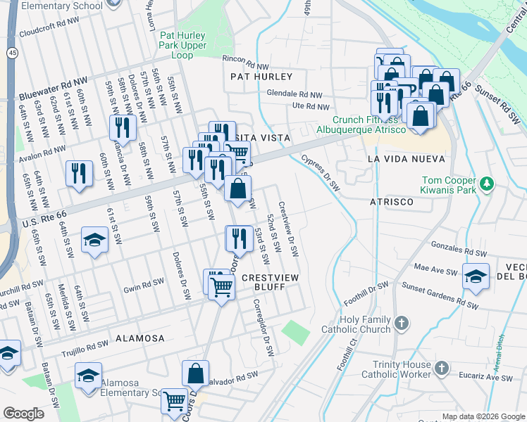 map of restaurants, bars, coffee shops, grocery stores, and more near 239 52nd Street Northwest in Albuquerque