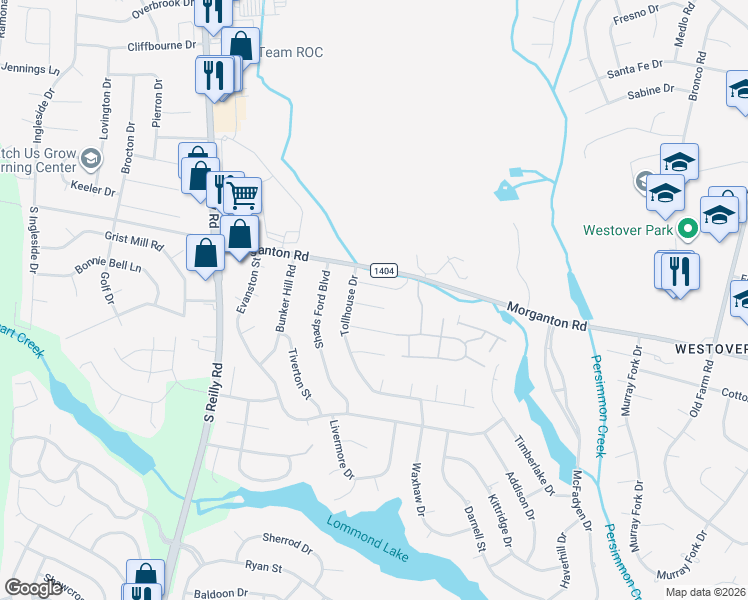 map of restaurants, bars, coffee shops, grocery stores, and more near 6324 Foxlake Drive in Fayetteville