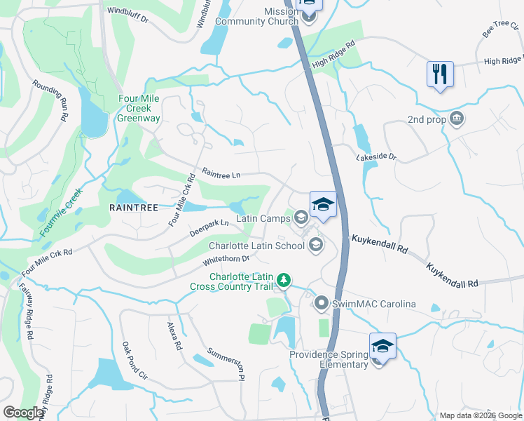 map of restaurants, bars, coffee shops, grocery stores, and more near 9508 Whitethorn Drive in Charlotte