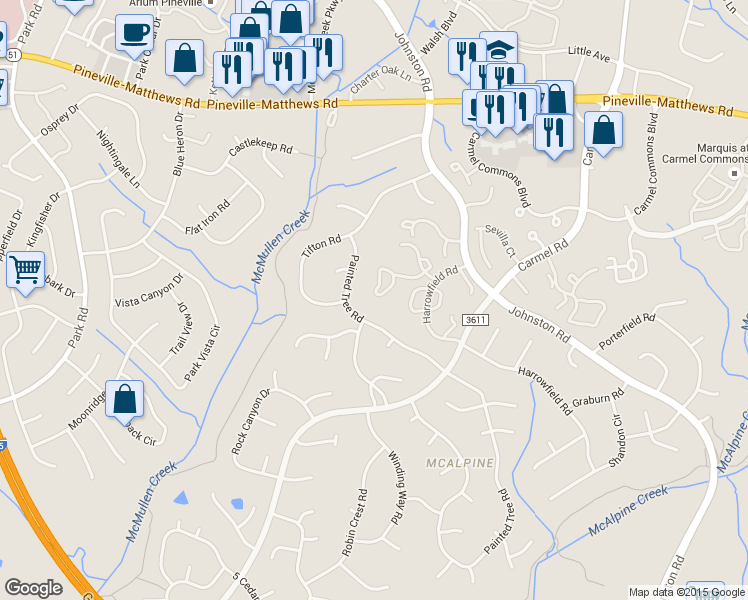 map of restaurants, bars, coffee shops, grocery stores, and more near 11063 Cedar View Road in Charlotte