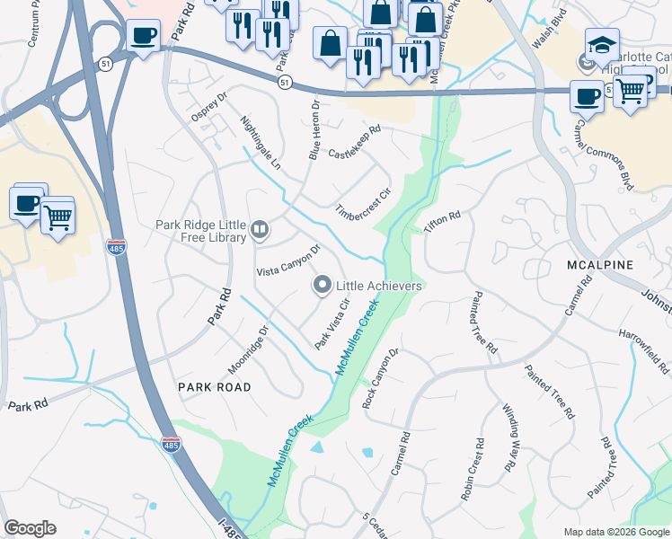 map of restaurants, bars, coffee shops, grocery stores, and more near 8224 Park Vista Circle in Charlotte