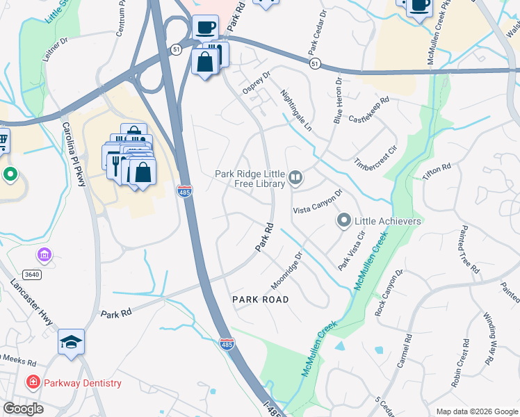 map of restaurants, bars, coffee shops, grocery stores, and more near 11516 Park Road in Charlotte