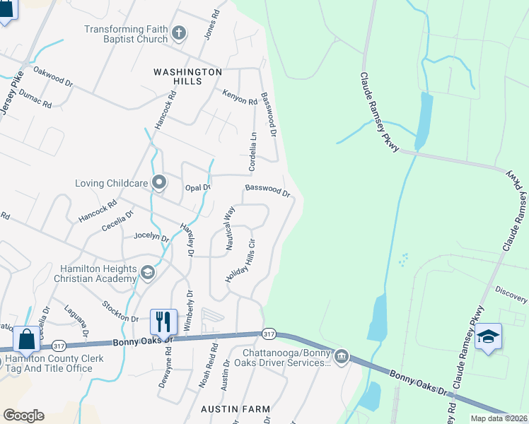 map of restaurants, bars, coffee shops, grocery stores, and more near 7740 Nautical Way in Chattanooga