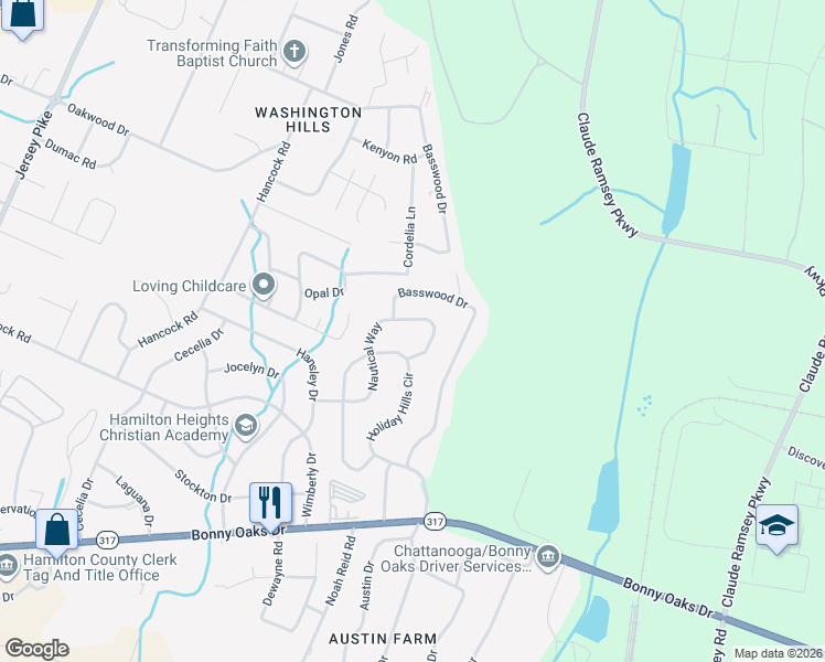 map of restaurants, bars, coffee shops, grocery stores, and more near 7740 Nautical Way in Chattanooga