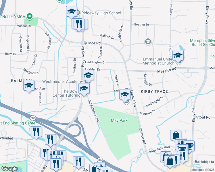 map of restaurants, bars, coffee shops, grocery stores, and more near 2498 Ayrshire Cove in Memphis